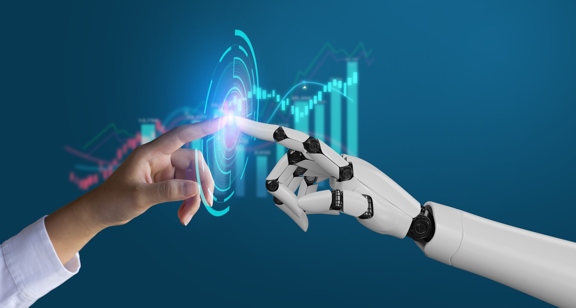 IA, apprentissage automatique, main robot ai intelligence artificielle assistance humaine touchant sur le fond de connexion réseau big data, science intelligence artificielle technologie, innovation et futuriste.